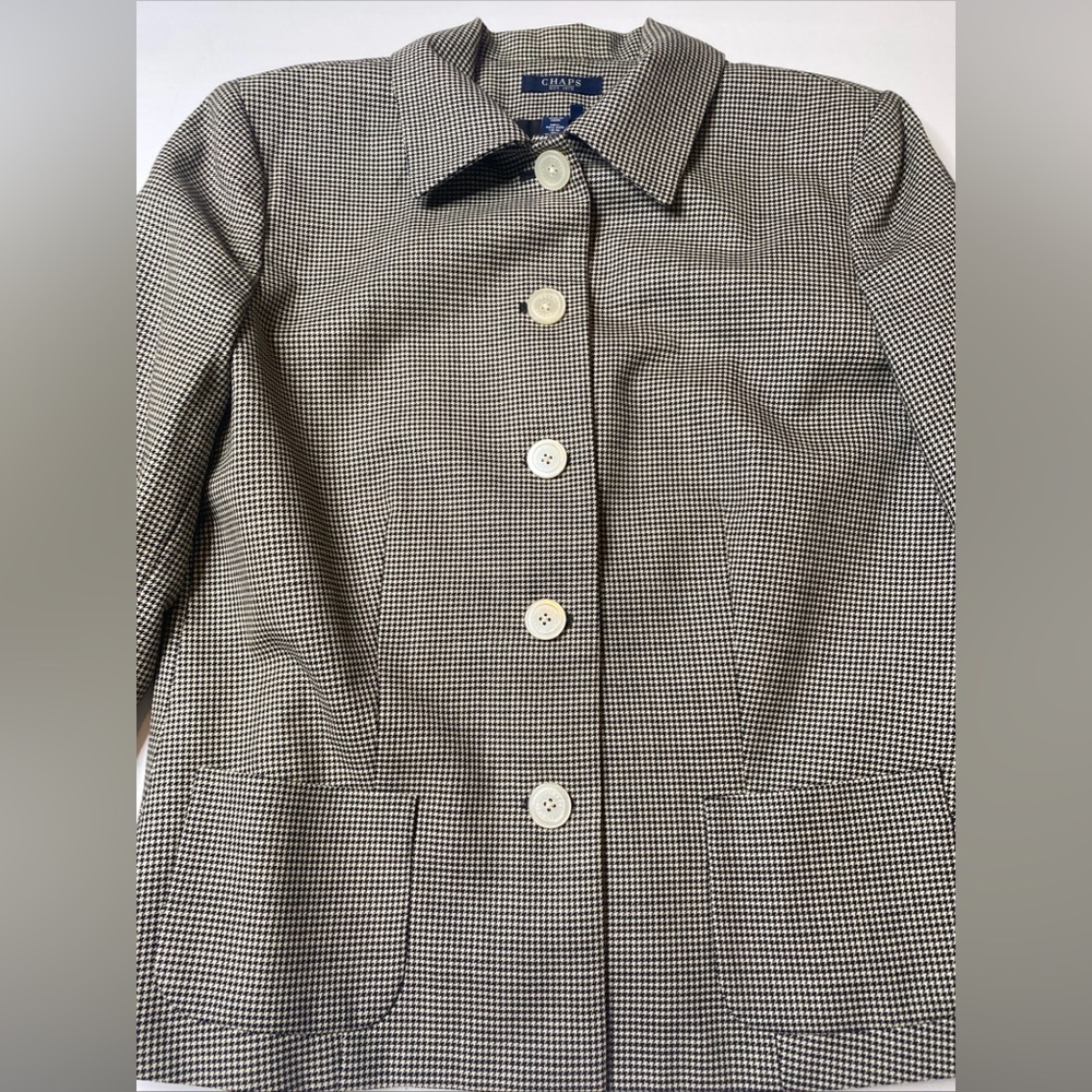 Chaps Women's Black Cream Beige Wool Houndstooth Jacket Blazer Size 12